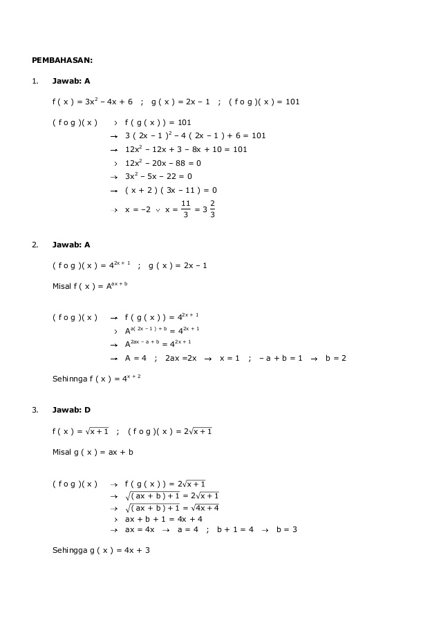 Kumpulan Soal Komposisi Fungsi Dan Pembahasannya Contoh Soal Fungsi